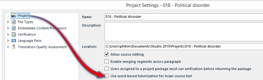 Screenshot of Trados Studio Project Settings with 'Use word-based tokenization for Asian source text' option checked.