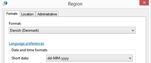 Region settings window showing 'Format: Danish (Denmark)' selected with 'Short date' format as 'dd-MM-yyyy'.