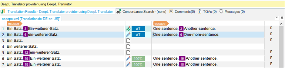 Trados Studio interface showing translation results with DeepL Translator, highlighting matched segments with numbers and percentage of translation match.