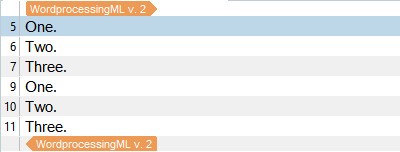Screenshot of Trados Studio showing a filtered list of segments with all repetitions except the first occurrences, numbers 5 to 11 excluding numbers 1 to 3.