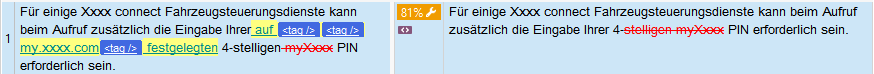 Screenshot of Trados Studio showing two segments of text with highlighted differences. The left segment has 'stag' highlighted, while the right segment has '4-stelligen' highlighted.
