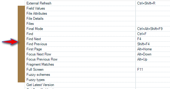 Screenshot of Trados Studio showing a list of keyboard shortcuts with a red arrow pointing to 'Find Next' assigned to F4.