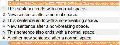 Screenshot of Trados Studio showing a document with six sentences, each followed by either a normal space or a non-breaking space.