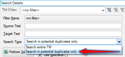 Trados Studio Search Details window with 'Search in potential duplicates only' selected and a red arrow pointing to 'Perform Search' button.
