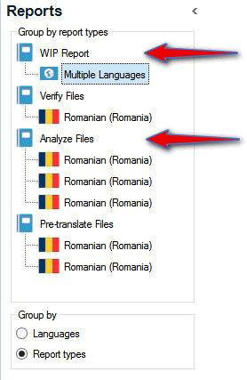 Screenshot of Trados Studio Reports View sorted by report type showing 'WIP Report' and 'Analyze Files' for Romanian language.