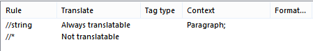 Trados Studio parser rules settings showing two rules: 'string' as always translatable and '*' as not translatable.