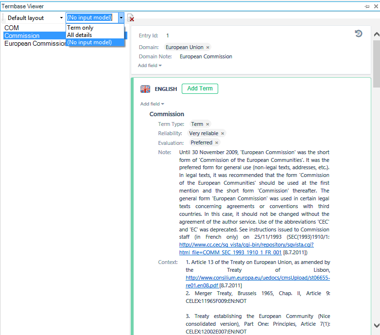 Trados Studio Termbase Viewer with 'No input model' selected, showing details for the term 'Commission' in English with notes on usage and legal context.