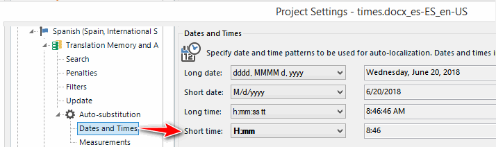 Trados Studio project settings showing 'Dates and Times' with 'Short time' format set to 'H:mm'.