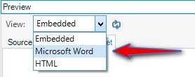 Dropdown menu in Trados Studio with 'Preview' selected, showing options 'Embedded', 'Microsoft Word', and 'HTML'. A red arrow points to 'Microsoft Word'.