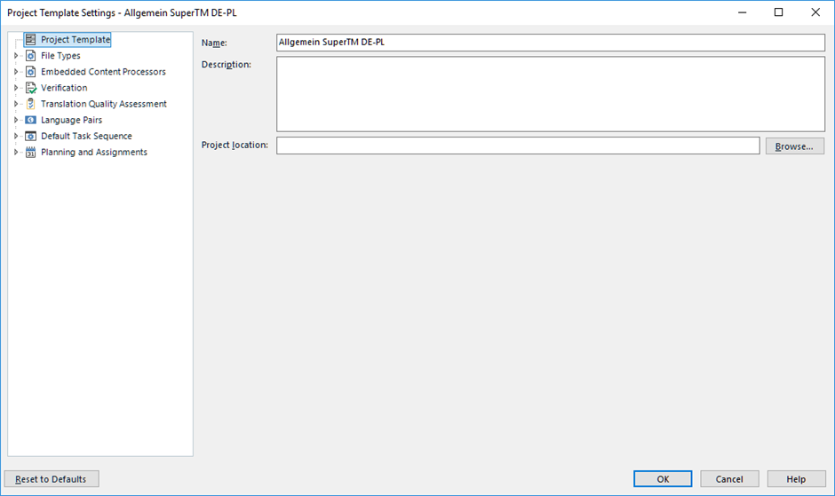 Screenshot of Trados Studio Project Template Settings window with options like Project Template, File Types, and Verification visible. The template name is 'Allgemein SuperTM DE-PL'. No errors are shown.