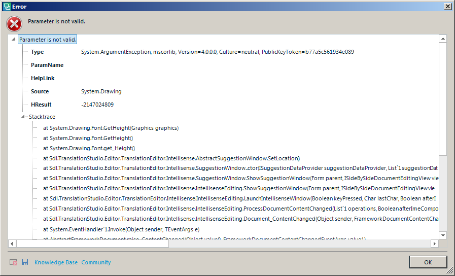 Error dialog box in Trados Studio with the message 'Parameter is not valid.' and details of the System.ArgumentException error including stack trace information.