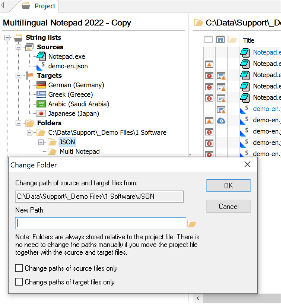 Project view of Multilingual Notepad 2022 showing string lists, sources, targets, and folders with a Change Folder dialog open for path modification.