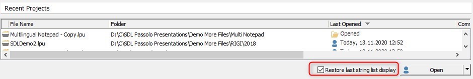 Screenshot of Passolo Ideas 'Recent Projects' window showing a list of projects and a highlighted option 'Restore last string list display'.