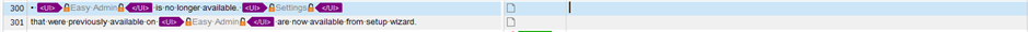 Trados Studio interface showing segments 300 and 301 with UI elements 'Easy Admin' and 'Settings' highlighted in purple.