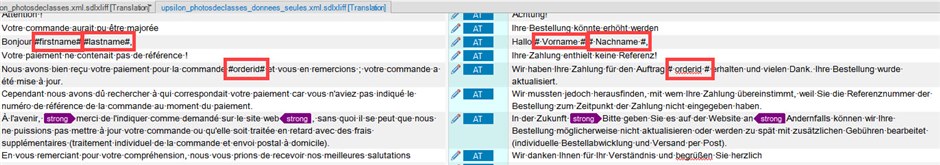 Screenshot of Trados Studio showing source text with placeholders #firstname# and #lastname# correctly displayed, but #orderid# with added spaces after machine translation.