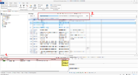 Screenshot of Passolo Ideas with 'Show system fields' activated in TM settings. 'System Fields' column is partially obscured on the right in the Translation window, highlighted in yellow.