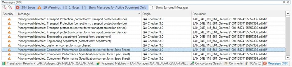 Screenshot of Trados Studio Messages window showing 384 errors and 19 warnings. List of messages indicating 'Wrong word detected' with suggestions for corrections.