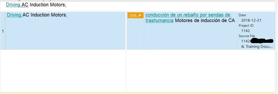 Screenshot of Trados Studio showing a mistranslation error where 'Driving AC Induction Motors' is incorrectly translated to 'conducci n de un reba o por sendas de trashumancia Motores de inducci n de CA' with a 78% match.