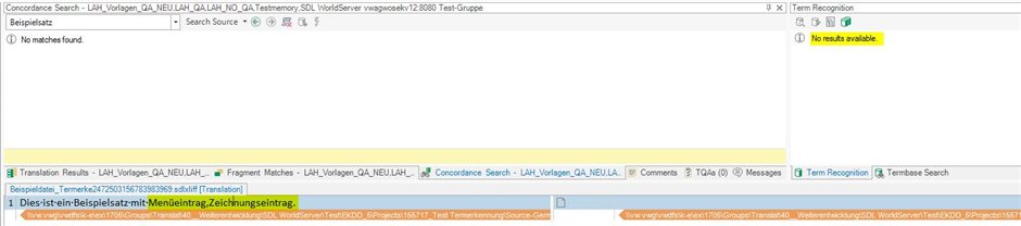 Screenshot of Trados Studio Ideas interface showing a source sentence with a missing space after a comma, resulting in term recognition failure for 'Men eintrag,Zeichnungseintrag.'