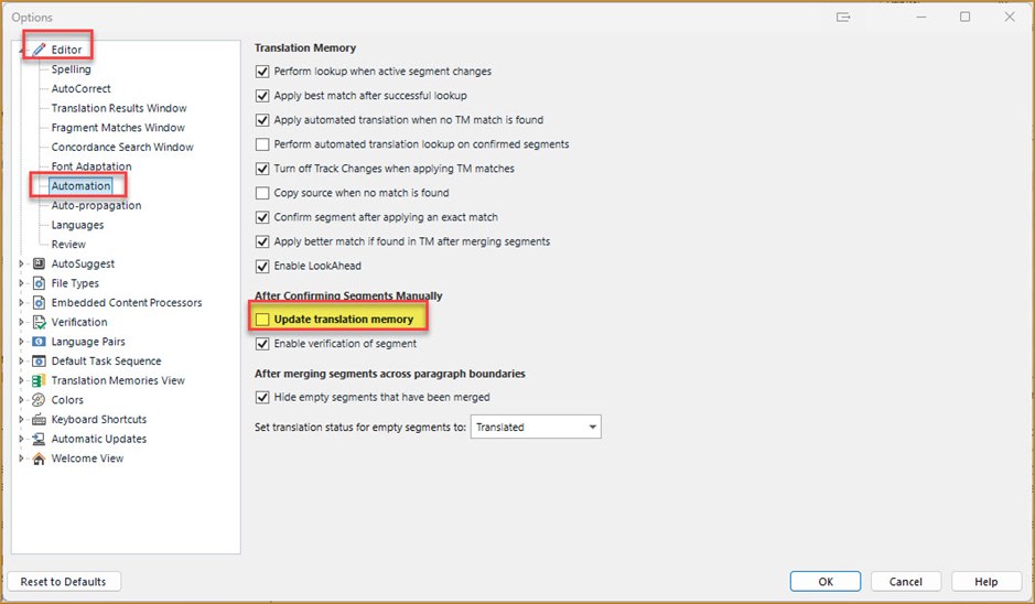Trados Studio options menu with 'Update translation memory' checkbox unchecked under 'After Confirming Segments Manually' section.