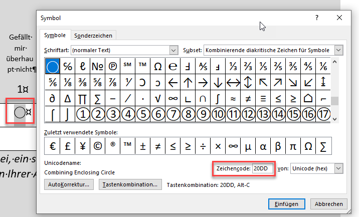 Symbol dialog box in Word showing the incorrectly displayed symbol with Unicode name and code.