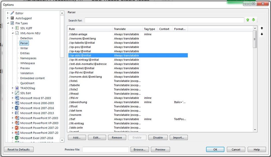 Trados Studio Options window showing Parser rules list with a highlighted rule and arrow updown buttons on the right for prioritizing.