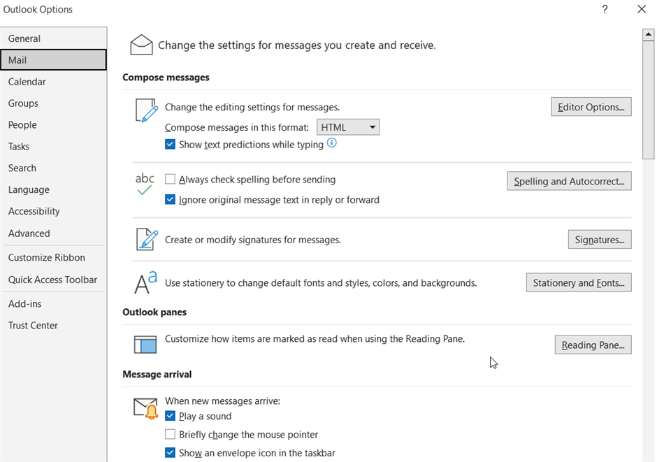 Outlook Options window showing Mail settings with options to change message format, check spelling, create signatures, and customize fonts and reading pane.