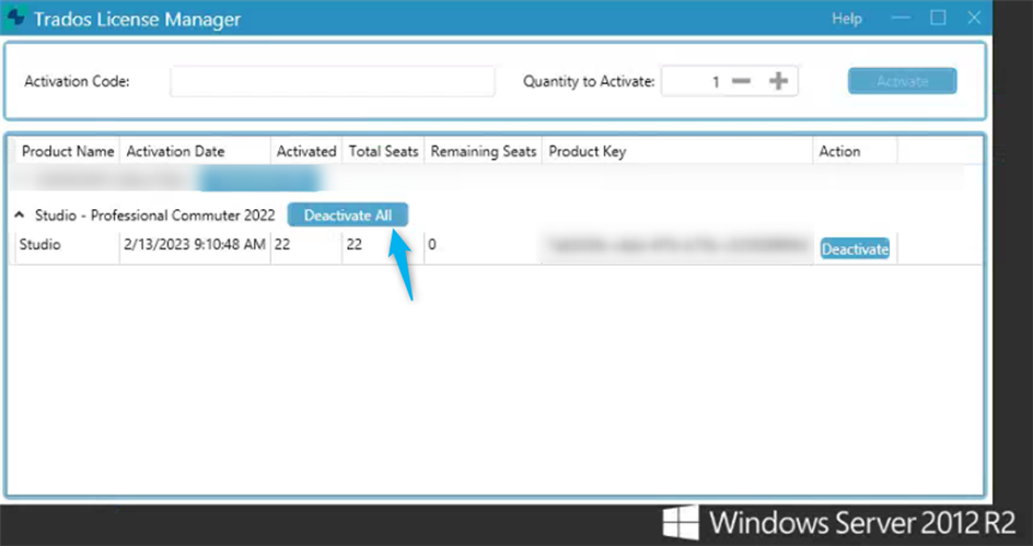 Trados License Manager window showing 'Studio - Professional Commuter 2022' with 'Deactivate All' button and 22 activated seats out of 22 total.
