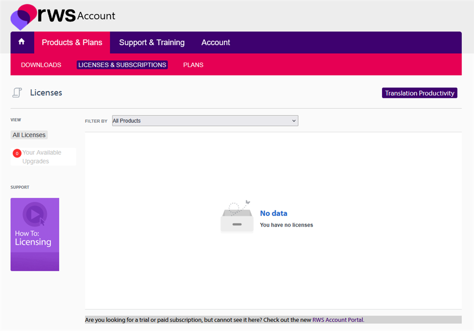 RWS Account page under 'Licenses & Subscriptions' tab showing no licenses available, with a message 'No data' and a support section on the left.