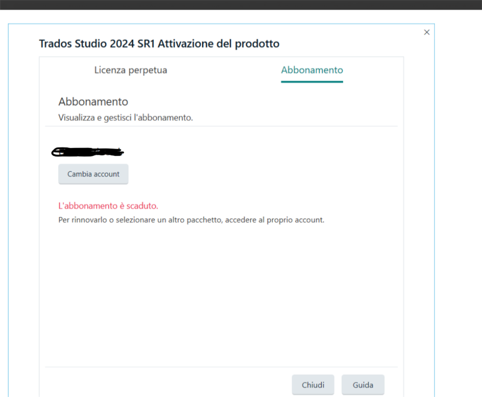 Trados Studio 2024 SR1 activation window showing subscription tab with a message in Italian stating 'L'abbonamento   scaduto' (The subscription has expired) in red text.