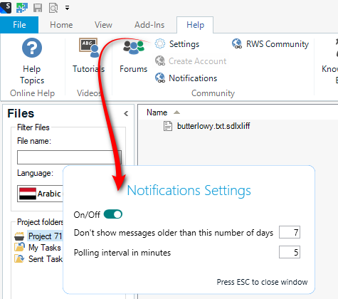 Screenshot showing how to use the notification settings in Trados Studio.