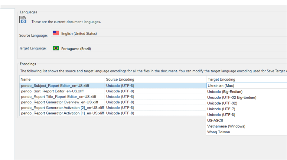 Trados Studio screenshot displaying document languages and encodings, with source language English (US), target language Portuguese (Brazil), and various files with different source and target encodings.