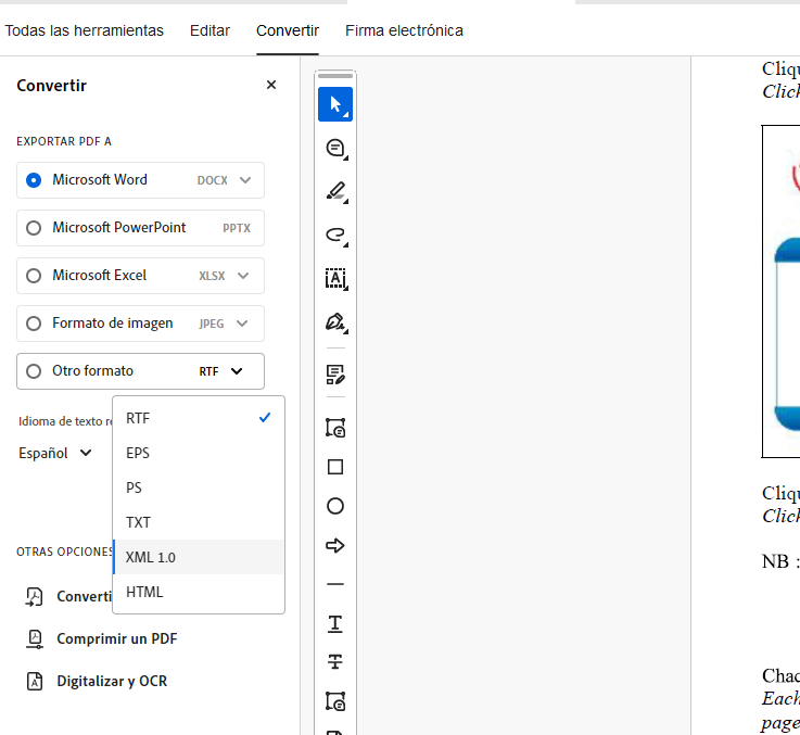 Adobe Acrobat Pro interface showing the 'Convert' tab with options to export a PDF to Microsoft Word, PowerPoint, Excel, image formats, or other formats like RTF, XML, and HTML.