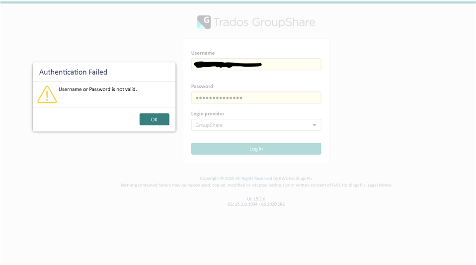 Trados GroupShare login screen showing an error message: 'Authentication Failed: Username or Password is not valid' with an OK button.