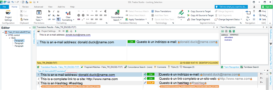 Screenshot of Trados Studio interface showing an email address highlighted in the target segment with a lock icon indicating it is locked. The source segment above is not locked.
