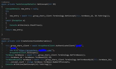 Screenshot of code in Trados Studio showing a try-catch block with a console output of a stack trace for a task related to GroupShareKit API connection.