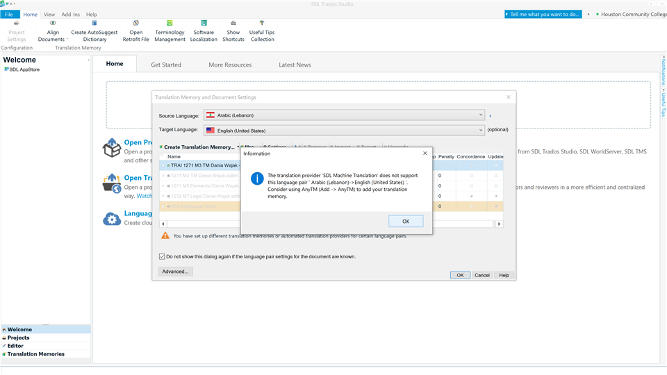 Error message in Trados Studio stating 'The translation provider SDL Machine Translation does not support this language pair: Arabic (Lebanon) to English (United States)'.