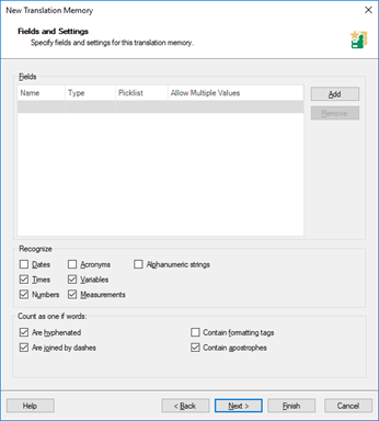 Screenshot of Trados Studio's New Translation Memory window showing options to recognize Dates, Acronyms, and Alphanumeric strings with checkboxes.