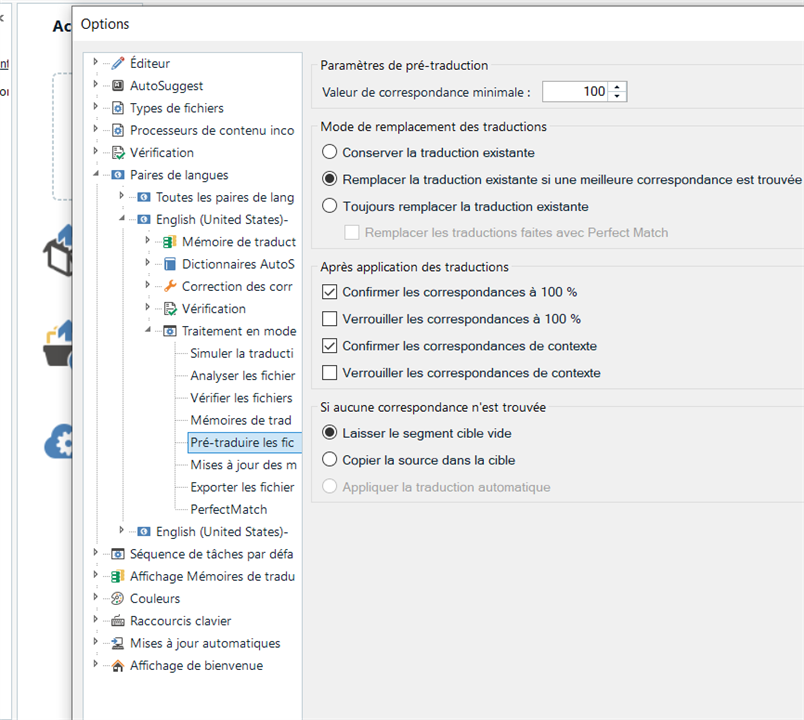 Trados Studio screenshot showing the 'pre-translation' tab with options. The 'apply automatic translation' checkbox is visible but not selectable.