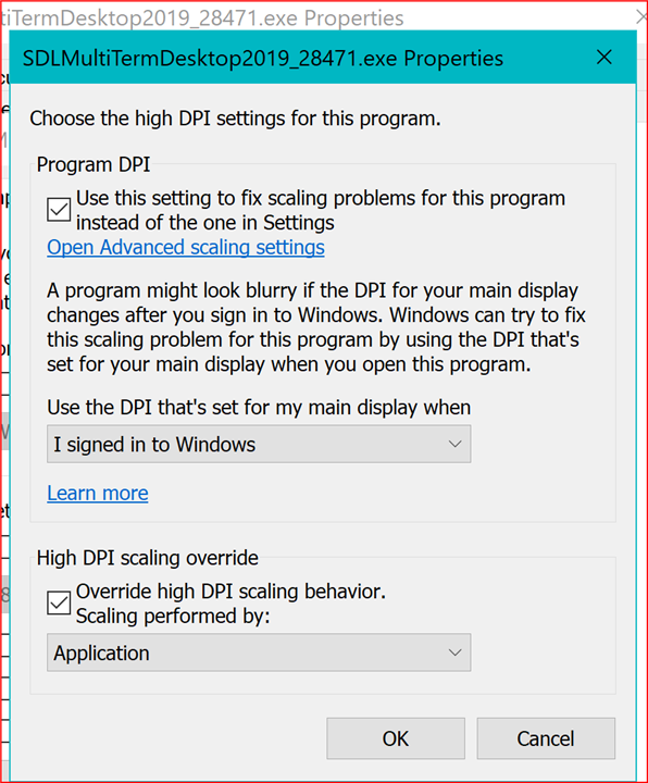 Screenshot of the 'SDL MultiTerm Desktop 2019 Properties' window with 'High DPI scaling override' checked and 'Scaling performed by: Application' selected.