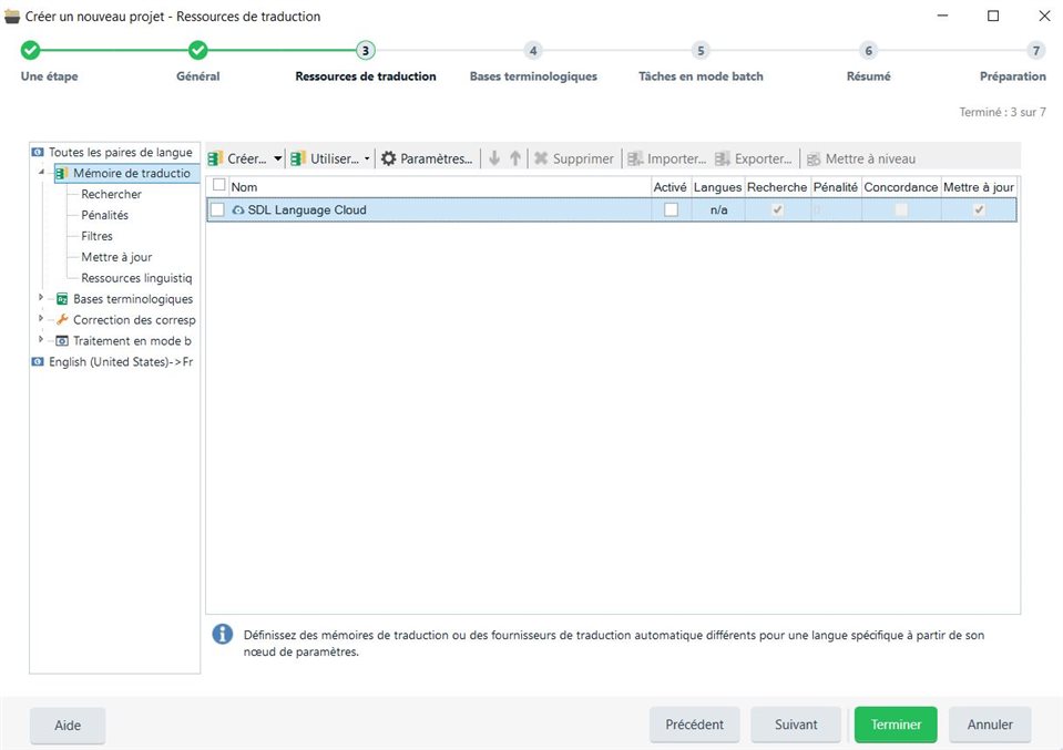 Trados Studio screenshot showing the 'Create a new project - Translation resources' tab with an empty list under 'SDL Language Cloud' and a message at the bottom advising to set translation memories or different machine translation providers for a specific language.
