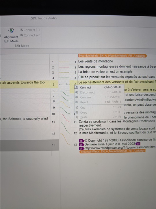 Screenshot of Trados Studio showing a right-click context menu on a segment number without the option to split or insert a segment. The menu includes options like Connect, Disconnect, Confirm, Reject, Copy, and Paste.