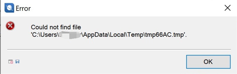 Error message in Trados Studio 2015 saying 'Could not find file C:UsersUsernameAppDataLocalTempltmp66AC.tmp'.
