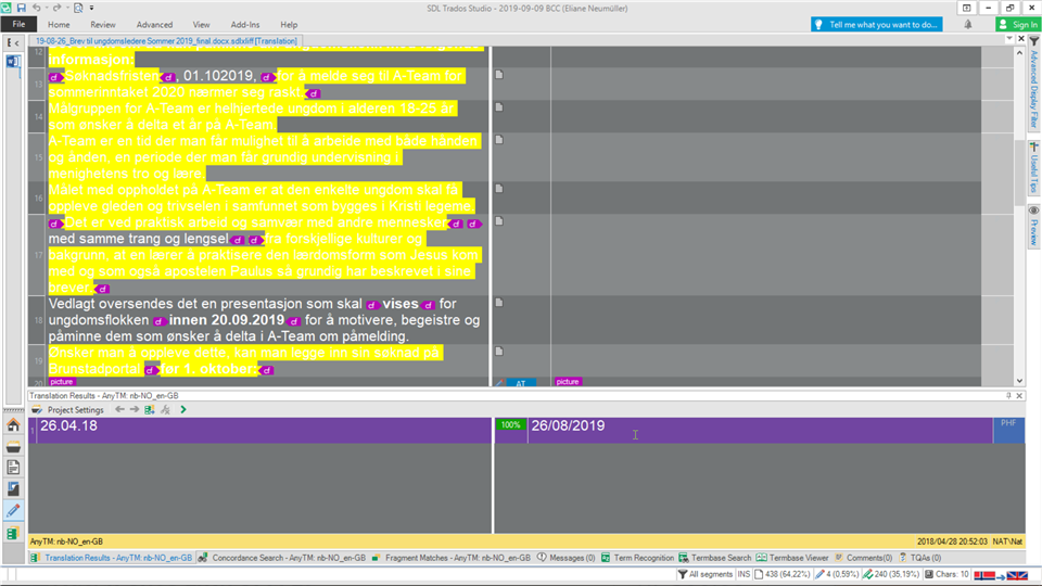 Screenshot of Trados Studio interface with source text highlighted in yellow, making it difficult to read against the purple background.