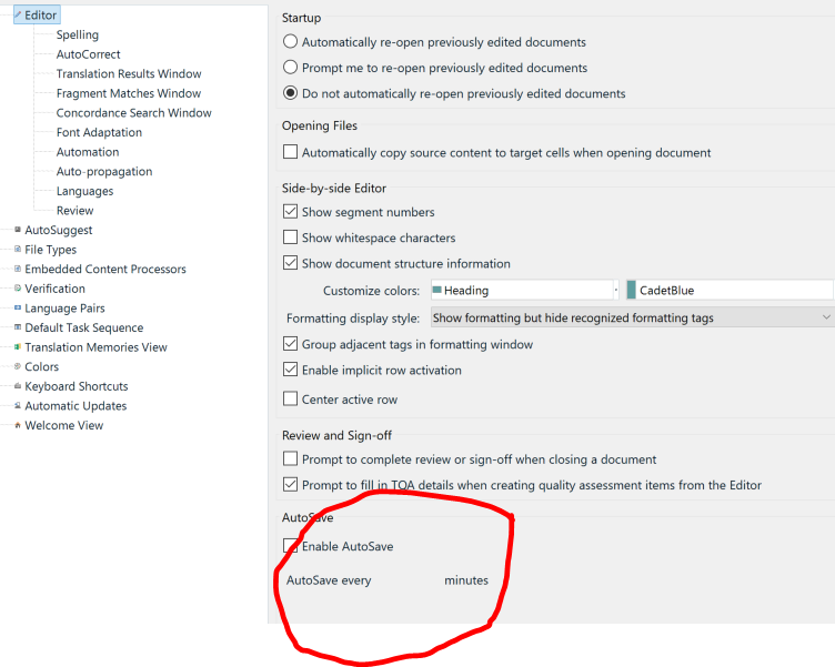 Screenshot of Trados Studio options menu with a red outline around the Autosave feature which is not allowing input for interval minutes.