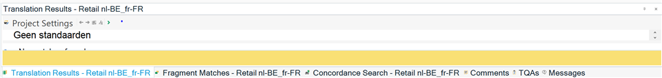 Screenshot of Trados Studio 2019 showing the Translation Results window with a yellow bar masking the target segment.