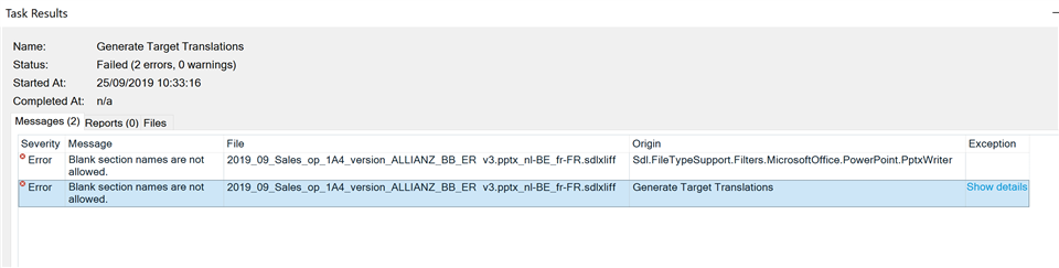 Trados Studio task results showing failure with 2 errors. Error messages state 'Blank section names are not allowed.' for a PowerPoint file.
