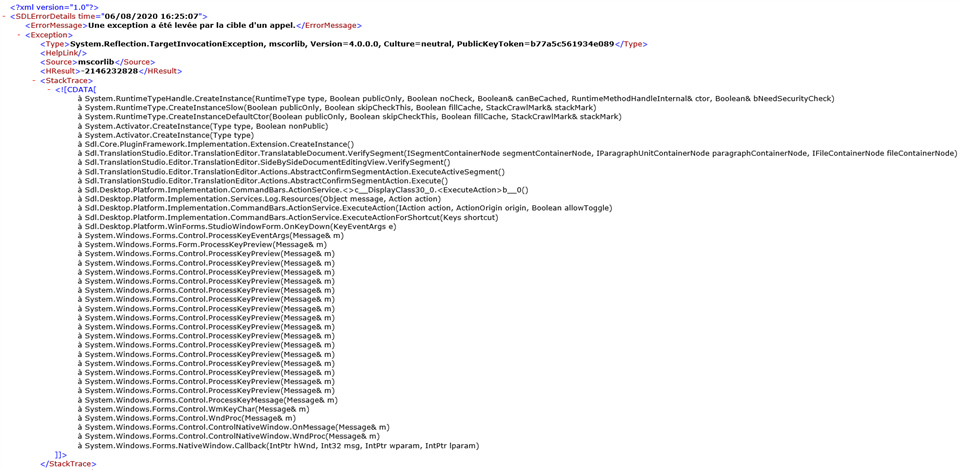 Error message in SDL Trados Studio 2019 showing a TargetInvocationException with a stack trace listing various system and SDL methods.