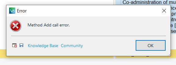 Error dialog box in Trados Studio 2021 displaying 'Method Add call error.'