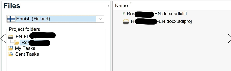 Trados Studio project folders view showing EN-FI project with a subfolder named 'Ros...' and files 'Ros..._EN.docx.sdlxliff' and 'Ros..._EN.docx.sdlproj' within it.